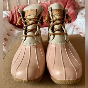 Beige and Pink Sperry Rain Boots